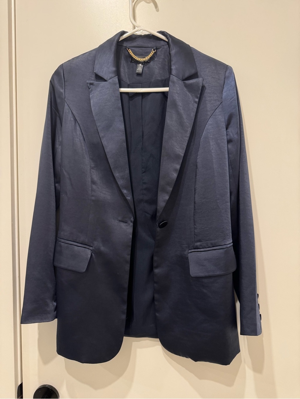 Aqua Navy Satin Single-Button Blazer